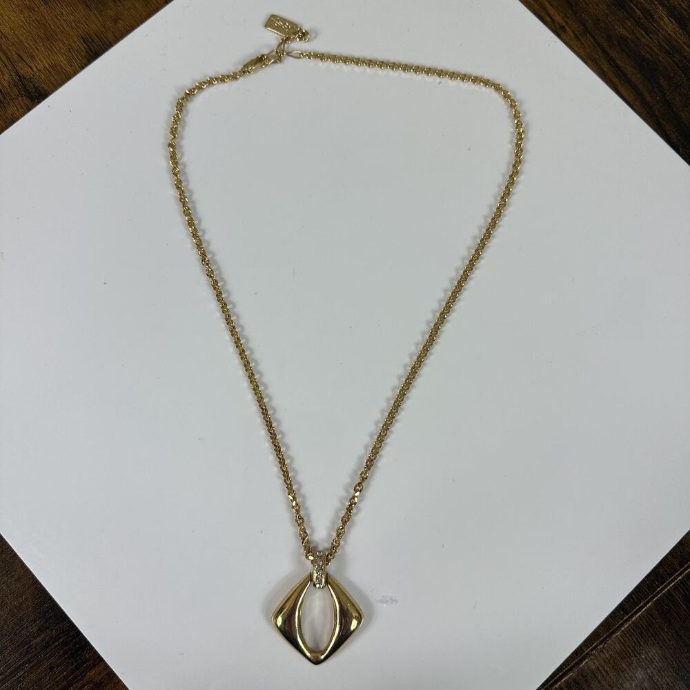 Yves Saint Laurent Womens Necklace Gold Tone Pendant Chain White Stone YSL Logo